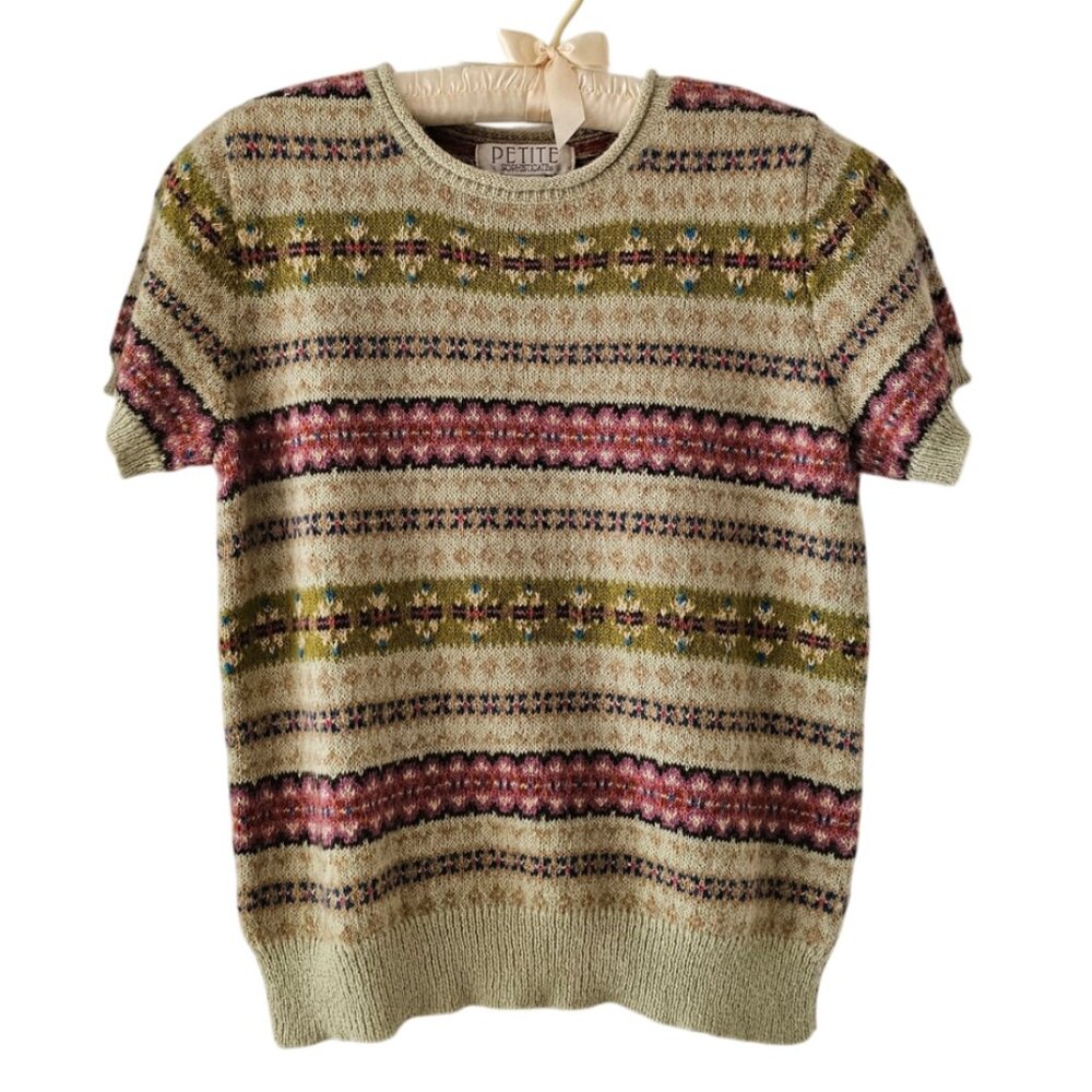 Petite Sophisticate Fair Isle Short Sleeve Sweater | Preloved | MP | Green Multi